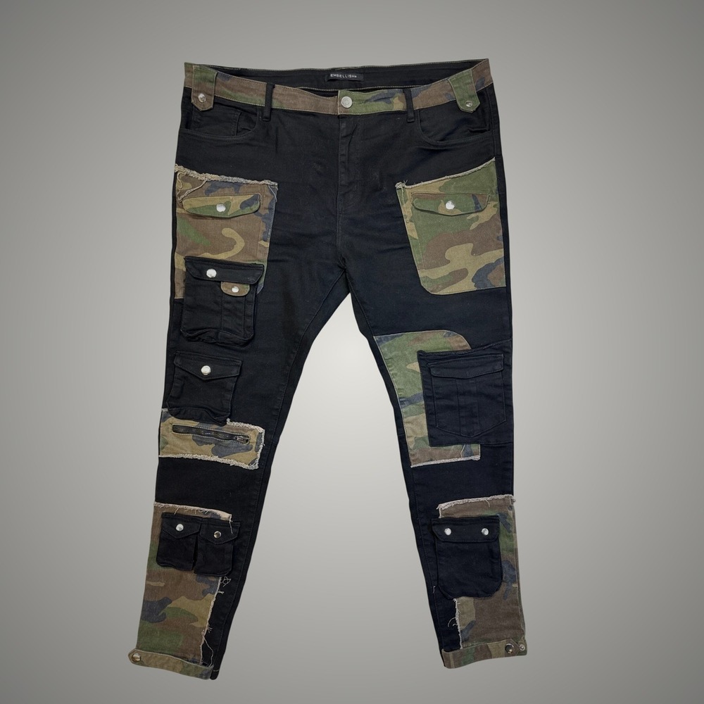 Embellish Cargo Pants Mens 42 Black Camo Patchwork Distressed Tapered Streetwear